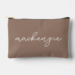 Trendy Mocha White Script Name Accessory Pouch