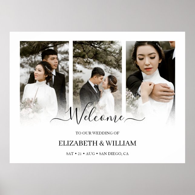 Trendy Modern 3 Photo Collage Wedding Welcome Sign (Front)