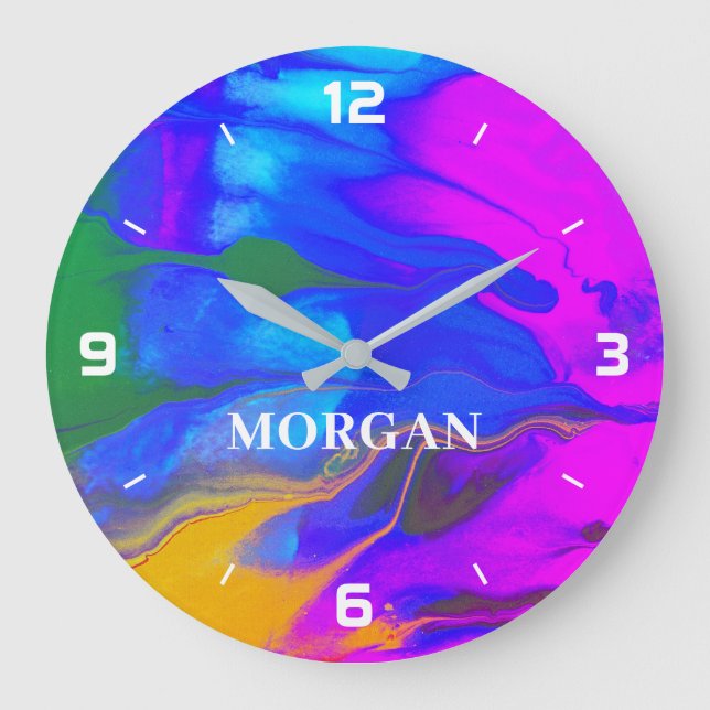Trendy Modern Abstract Flowing Colours Name Number Large Clock (Front)