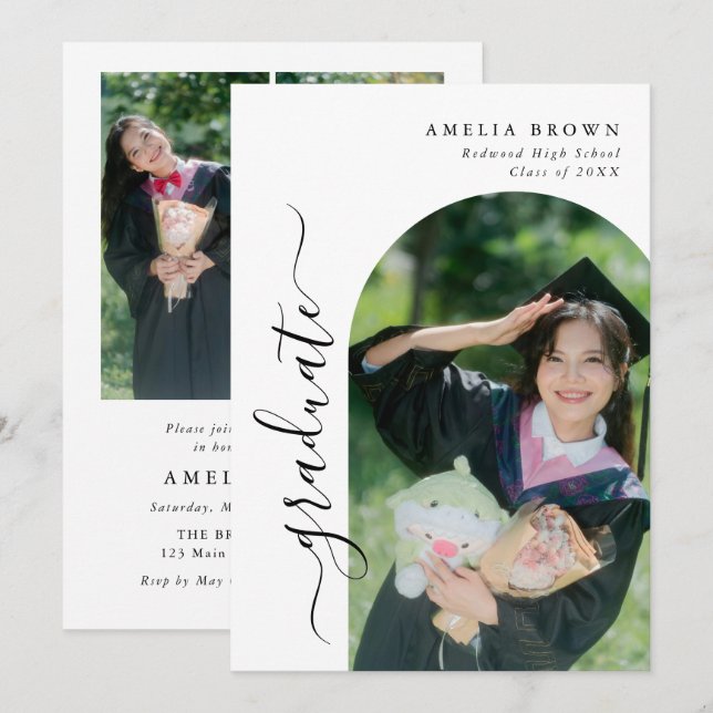 Trendy Modern Arch Casual Photo Graduation Invitation (Front/Back)