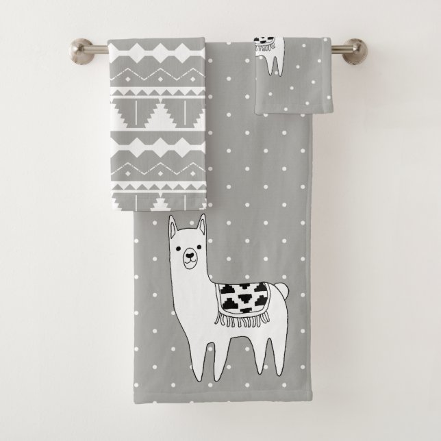 Trendy Modern Black & White Aztec Llama Bath Towel Set (Insitu)
