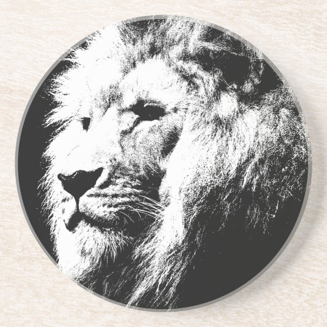 Trendy Modern Black & White Pop Art Lion Head Coaster (Front)