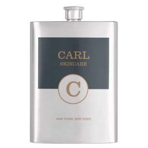 Trendy Modern Blue Gold Beauty Salon Monogram Logo Hip Flask