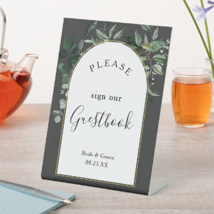 Trendy Modern boho arch Botanic Greenery guestbook Pedestal Sign