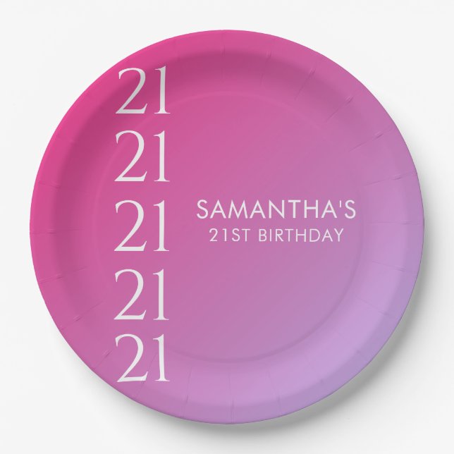 Trendy Modern Bold Pink Gradient 21st Birthday Paper Plate (Front)