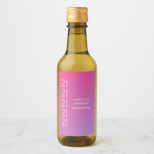 Trendy Modern Bold Pink Gradient 21st Birthday Wine Label (Front)
