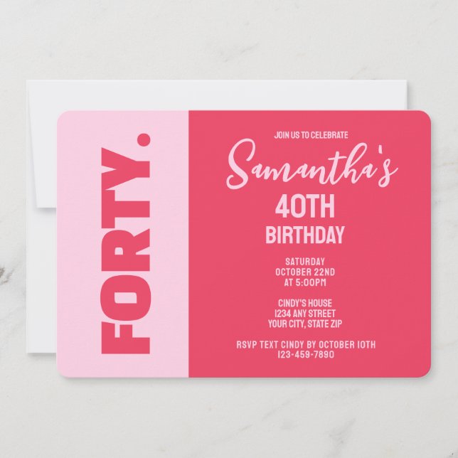 Trendy Modern Bold Pink & Red 40th Birthday Invitation (Front)