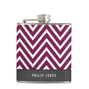TRENDY modern chevron pattern grey maroon plum Hip Flask