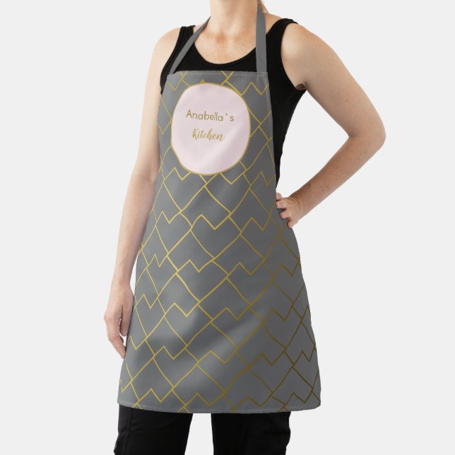 Trendy Modern Chic Geometric Golden Grey Pink Apron (Insitu)