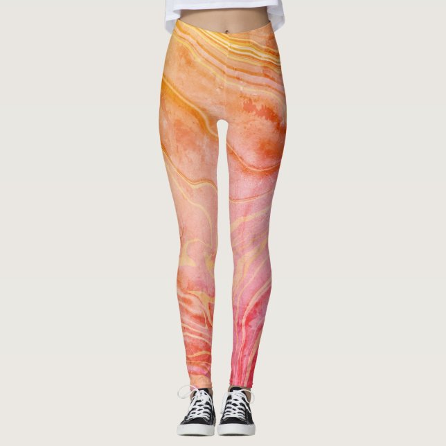Trendy modern chic orange marble leggings (Front)