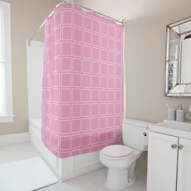 Trendy Modern Chic Pink and White Shower Curtain (In Situ)