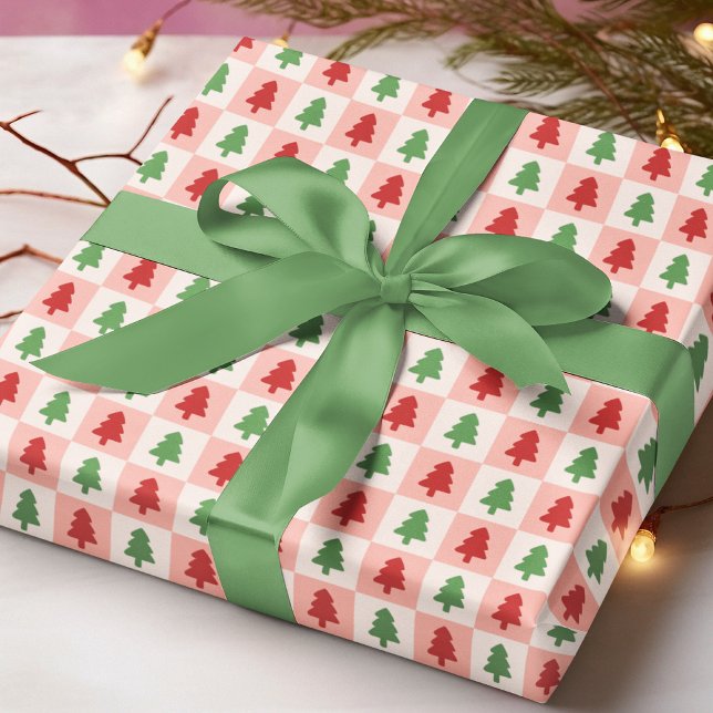 Trendy Modern Christmas Tree Chequered Pattern Wrapping Paper (Creator Uploaded)