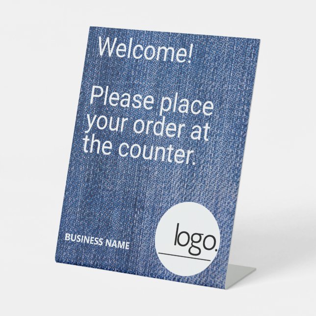 TRENDY MODERN DENIM BLUE OWN LOGO BRANDED BUSINESS PEDESTAL SIGN (Front)