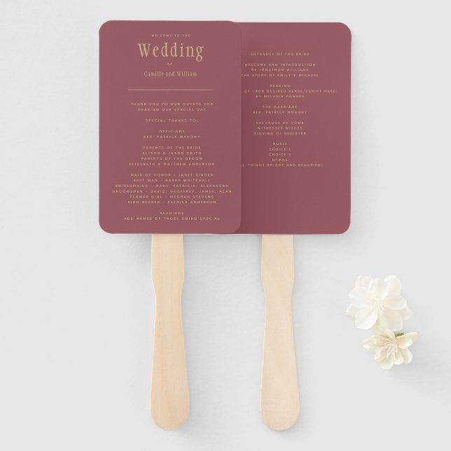 Trendy Modern Dusty Rose Pink Wedding Program Hand Fan (Front and Back)