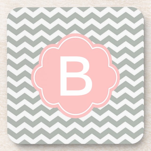 Trendy, modern, elegant grey chevron monogram coaster (Front)