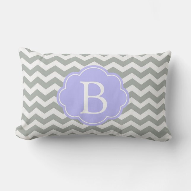 Trendy, modern, elegant grey chevron monogram lumbar cushion (Front)
