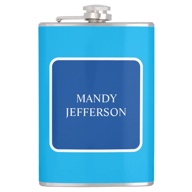 Trendy Modern Elegant Simple Blue Add Your Name Hip Flask (Front)