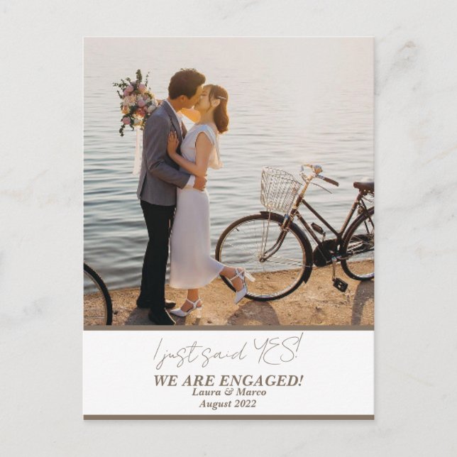 Trendy Modern Engagement Couple Photo Announcement Postcard (Front)
