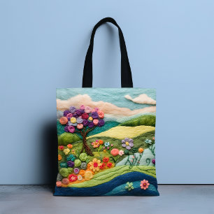 Trendy Modern Felted Floral Landscape Tote Bag