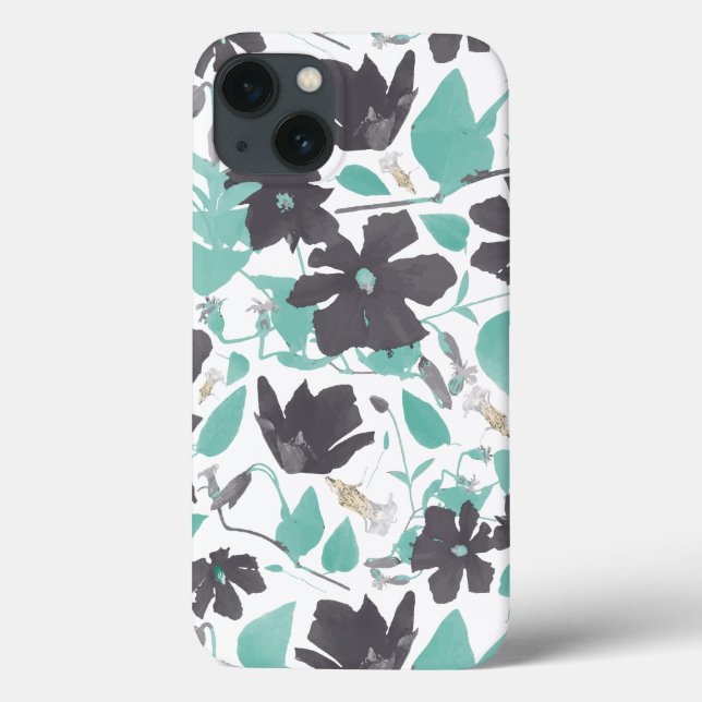 Trendy Modern Floral Blossoms Grey Teal Pattern Ca Case-Mate iPhone Case (Back)