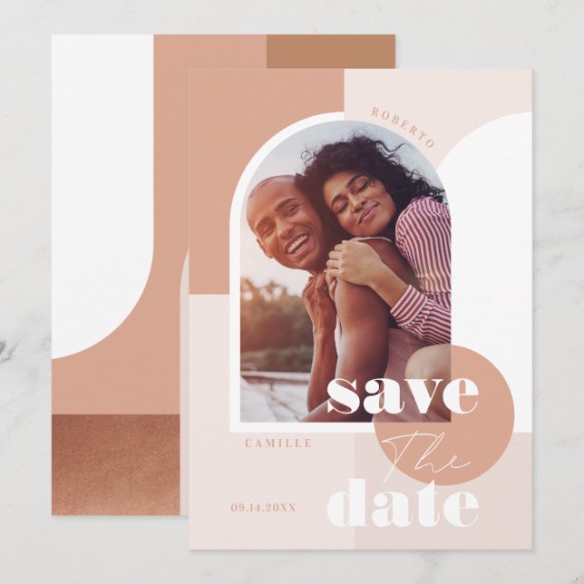 Trendy Modern Geometric Blush Pink Couple's Photo Save The Date (Front/Back)
