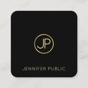 Trendy Modern Gold Monogram Black Template Elegant Square Business Card