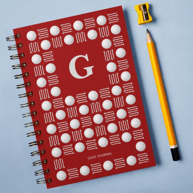 Trendy Modern Golf Ball & Tee Monogram Red  Notebook (Creator Uploaded)