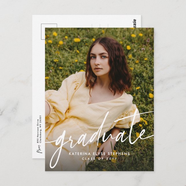 Trendy modern graduate simple two photo graduation postcard (Front/Back)