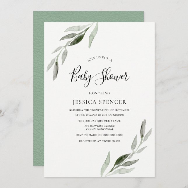 Trendy Modern Green Leaf Baby Shower Invite (Front/Back)