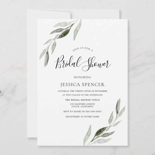 Trendy Modern Green Leaf Bridal Shower Invite (Front)