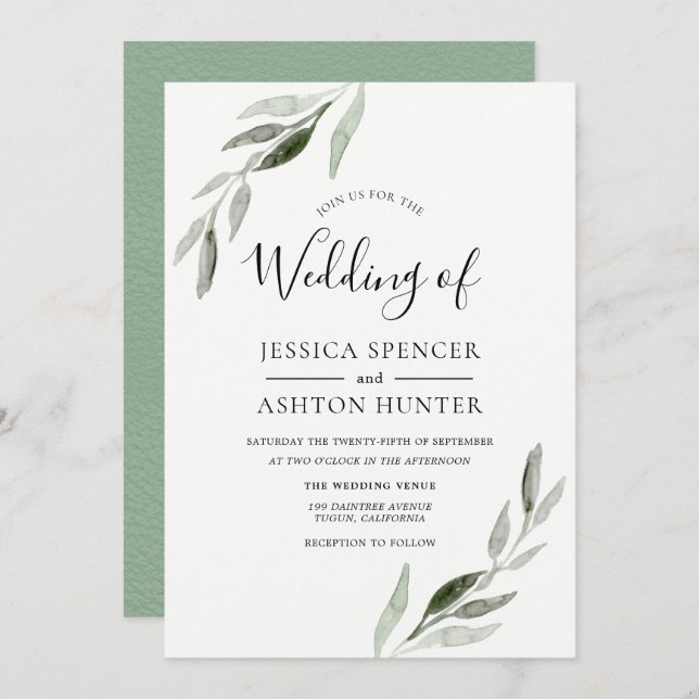 Trendy Modern Green Leaf Wedding Invitation (Front/Back)