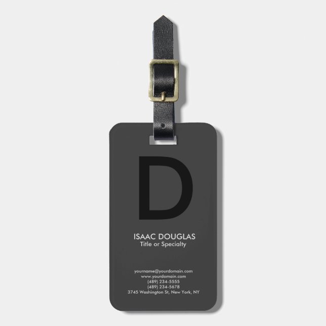 Trendy modern grey black bold monogram luggage tag (Front Vertical)