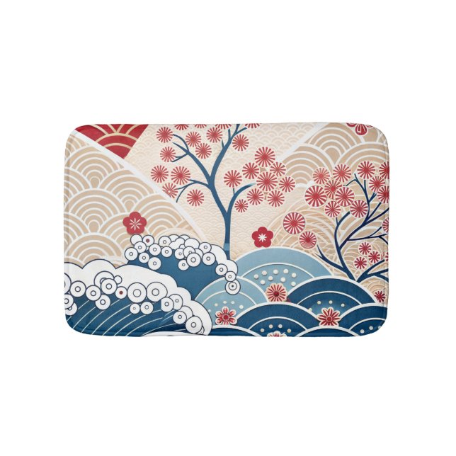Trendy Modern Japanese Wave & Sakura Pattern  Bath Mat (Front)