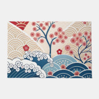 Trendy Modern Japanese Wave & Sakura Pattern