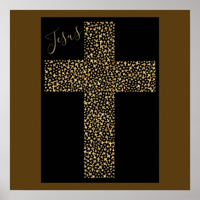 Trendy Modern Jesus Gold Cross Brown Art Poster (Front)