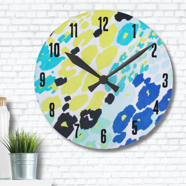 Trendy Modern Leopard Pattern Round Clock (Trendy Glam Vibrant Aqua Blue Lime Leopard Print Round Clock)