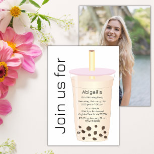 Trendy Modern Light Cream Milk Boba Tea Birthday Invitation