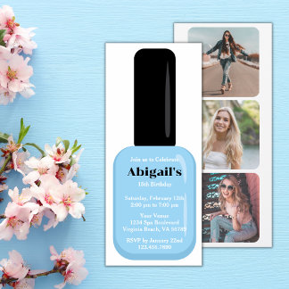 Trendy Modern Light Sky Blue Nail Polish Birthday Invitation