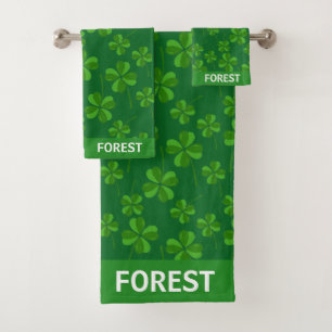 Trendy Modern Lucky Clover Leaves on Green Forest Bath Towel Set