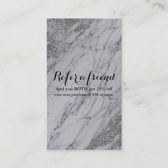 Trendy Modern Marble Silver Glam Refer a Friend Referral Card (Front)