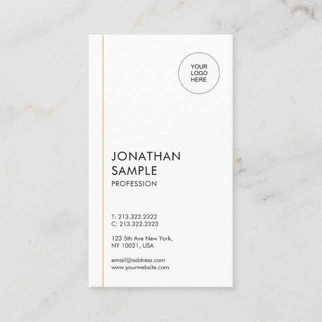 Trendy Modern Minimal Template Gold White Vertical Business Card (Front)