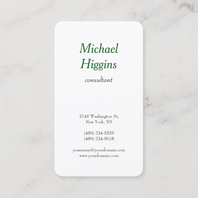 Trendy Modern Minimalist Professional Green White Business Card (Front)