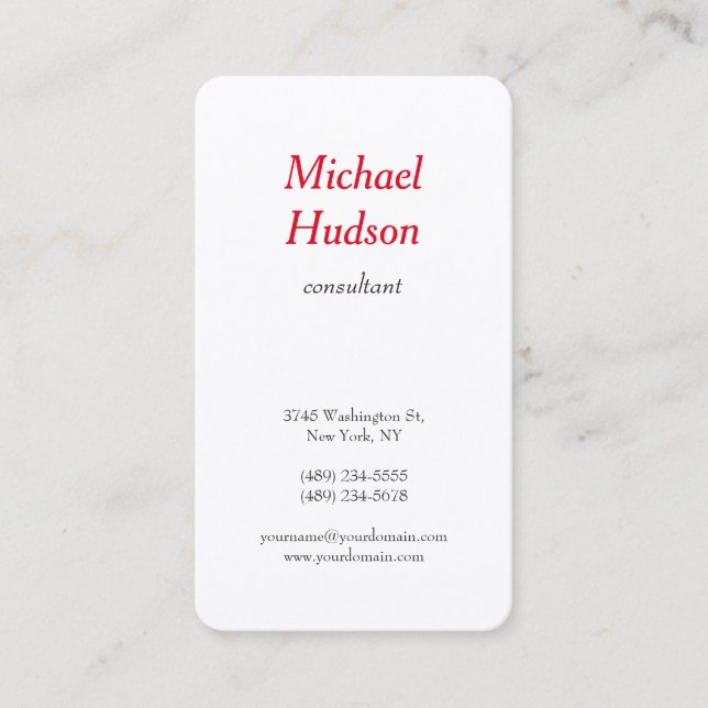 Trendy Modern Minimalist Professional Red White Business Card (Front)