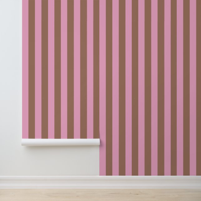 Trendy Modern Mocha Brown Pink Stripes Wallpaper (Application)