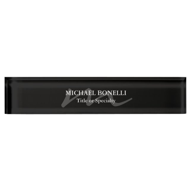 Trendy modern monogram initial professional black nameplate (Front)