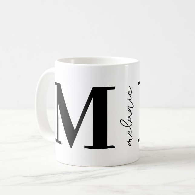 Trendy Modern Monogram Name Black White Coffee Mug (Front Left)