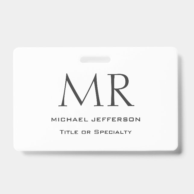 Trendy Modern Monogram Plain Minimalist ID Badge (Front)