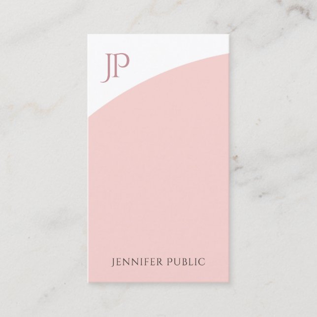 Trendy Modern Monogram Template Blush Pink White Business Card (Front)
