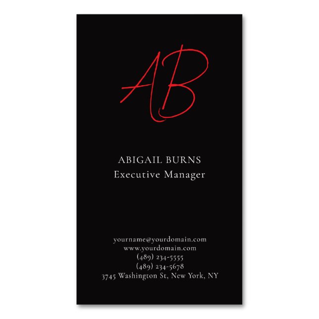 Trendy Modern Monogrammed Night Black Magnetic Business Card (Front Vertical)