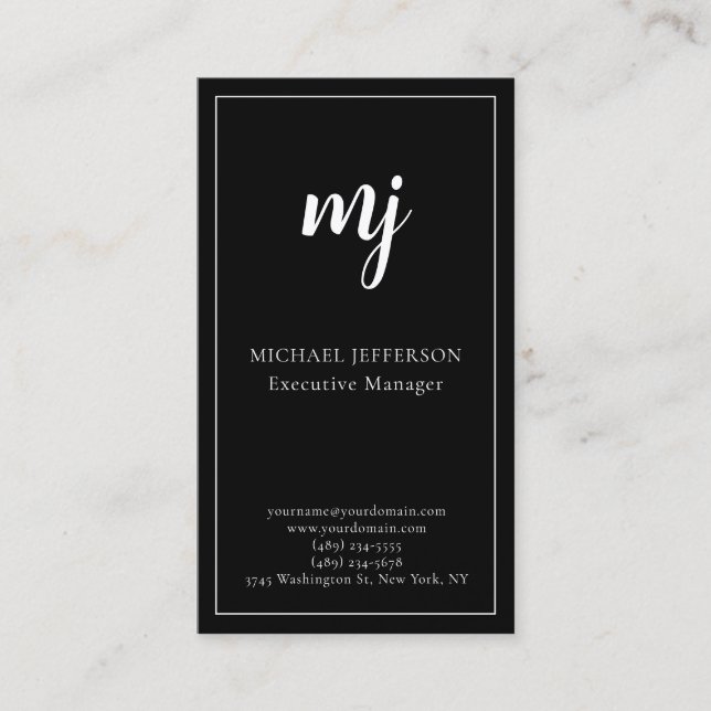 Trendy Modern Monogrammed Plain Black Business Card (Front)